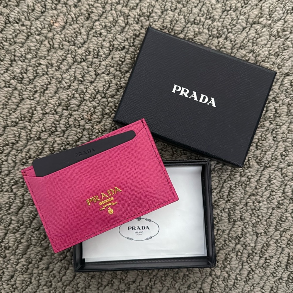 PRADA Saffiano Metal Leather Card Holder Fuxia